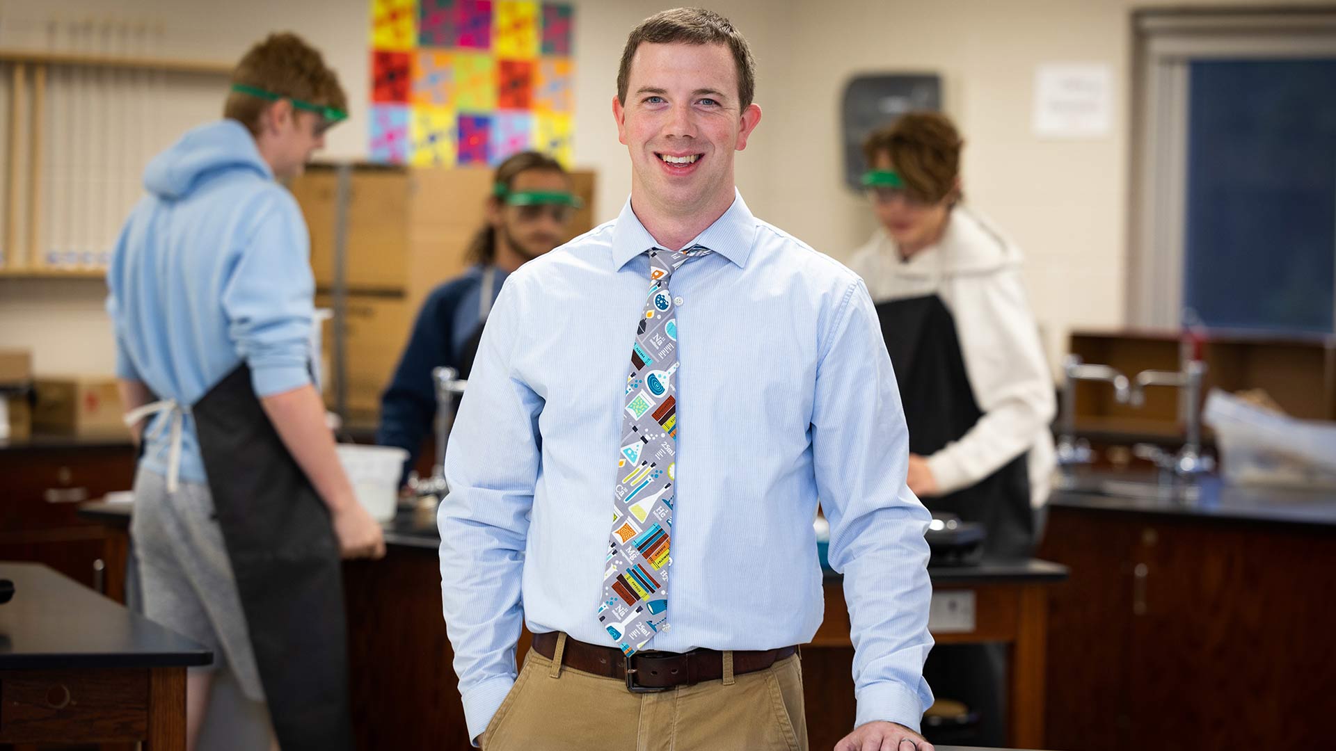 Kameron Coates, a Missouri State alum and chemistry teacher, in his classroom at Willard High School.